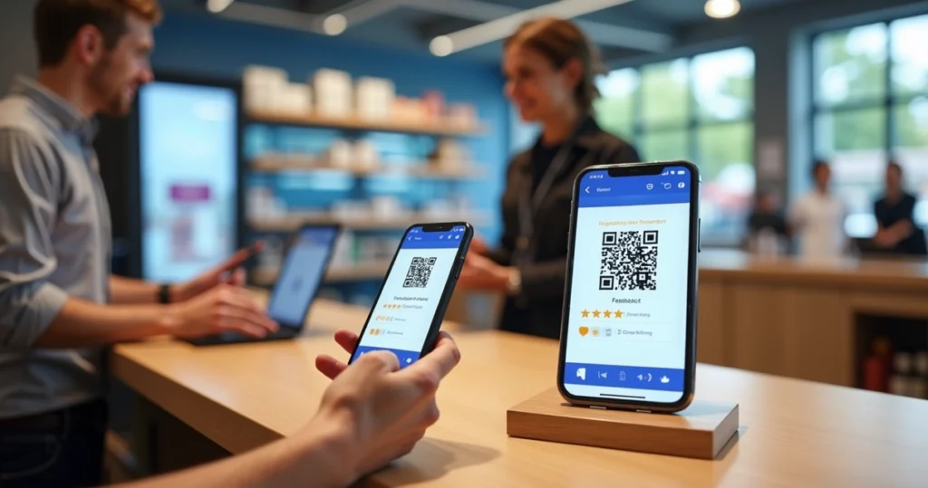 Cliente escaneando QR Code de pesquisa de satisfação em loja física