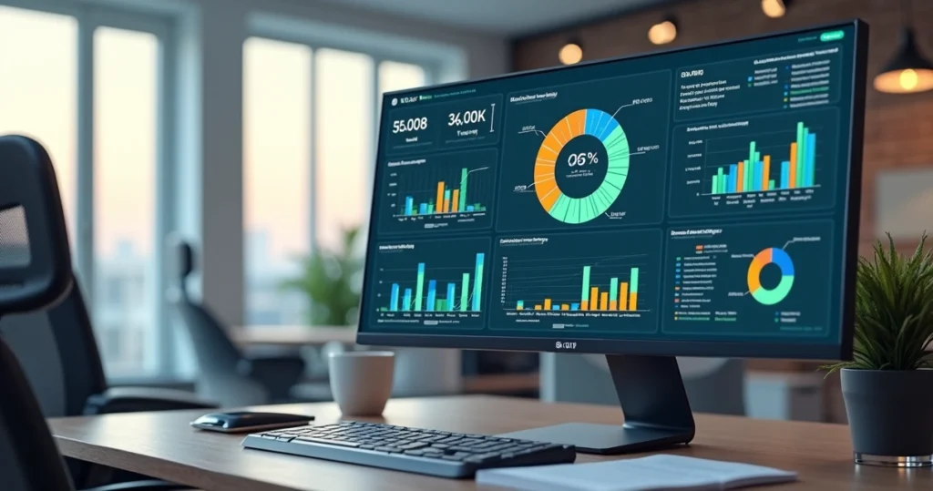 Gráfico com segmentação de dados e múltiplas personas de negócios em tela de computador moderno