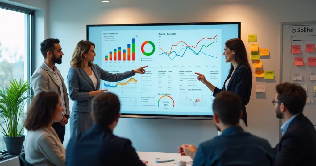 Equipes analisando feedbacks em uma tela grande para priorizar backlog em produto SaaS