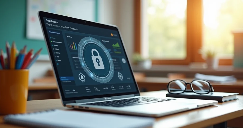 Computador exibindo dashboard seguro com dados protegidos em ambiente escolar digital