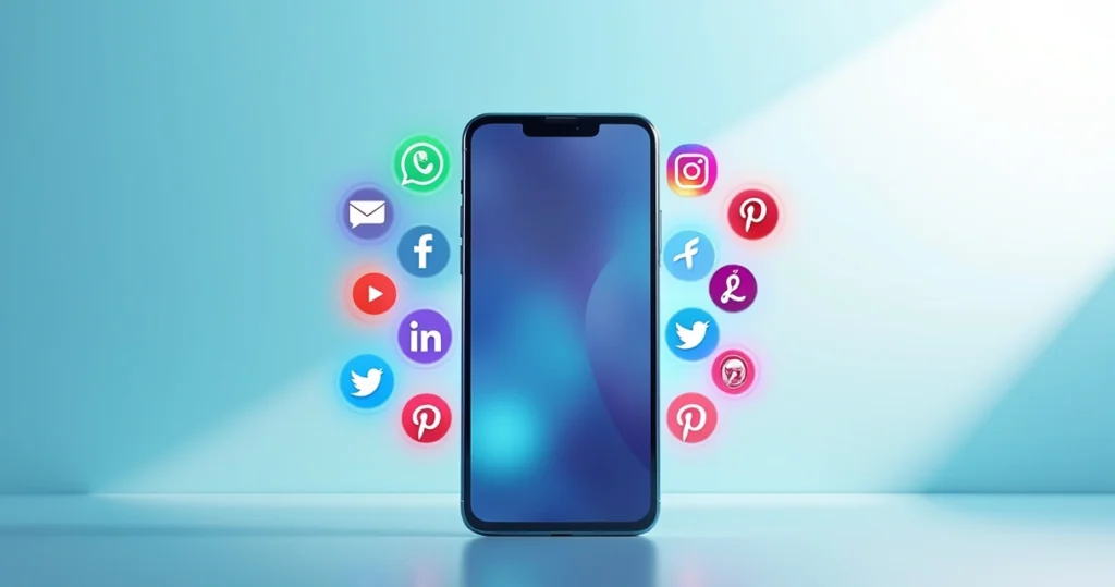 Tela de smartphone mostrando ícones das principais redes sociais usadas no Brasil ao redor, como WhatsApp, YouTube, Instagram e TikTok