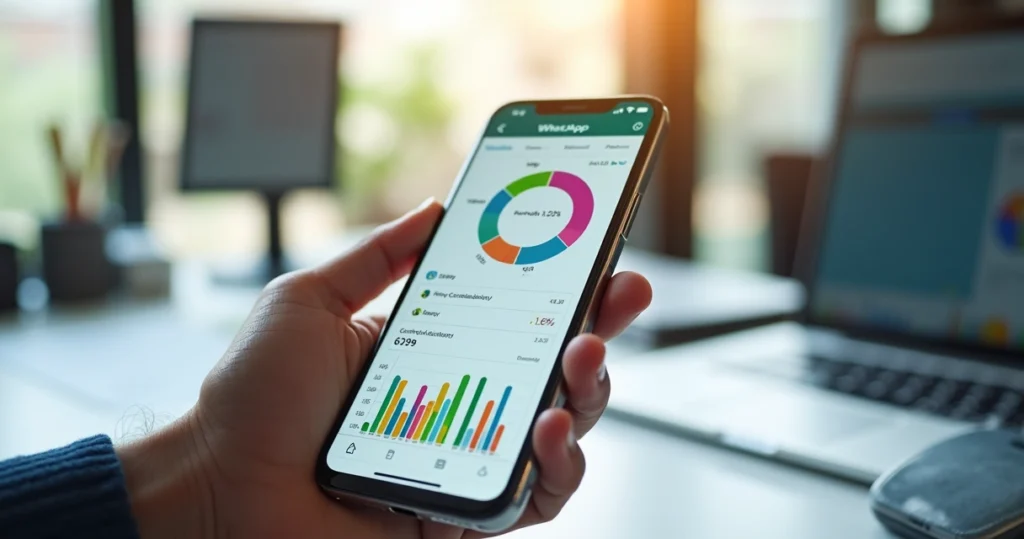 Tela de smartphone mostrando relatório semanal de satisfação no WhatsApp com gráficos coloridos e números de feedbacks recebidos