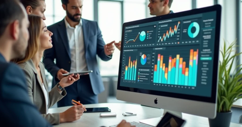 Tela de computador mostrando gráficos de engajamento e retenção de clientes em SaaS com equipe analisando dados ao fundo