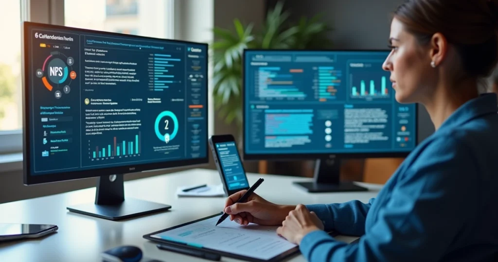 Pessoa analisando gráficos de feedback em múltiplas telas com elementos digitais ao redor