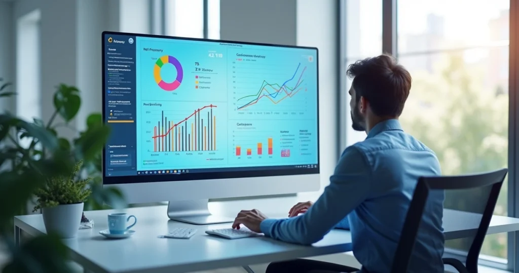 Pessoa analisando gráficos de feedback de clientes em tela de computador moderno