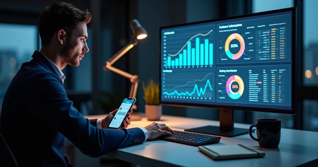 Pessoa analisando gráficos financeiros e dados de pesquisas com tela de computador iluminada