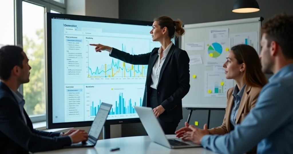 Equipe analisando dados de clientes em tela digital com expressão séria