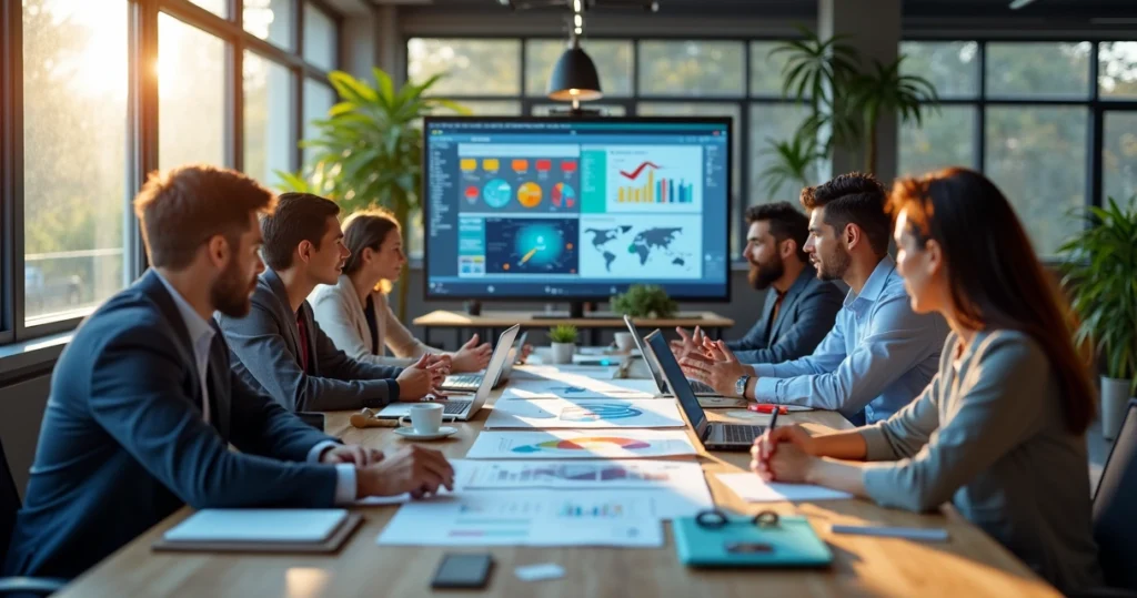 Equipes de marketing de produto reunidas em escritório moderno, discutindo estratégias com gráficos e laptops