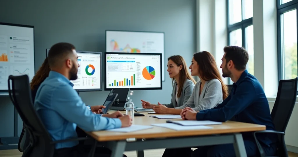 Profissionais analisando dados de feedback digital em telas de computadores modernos