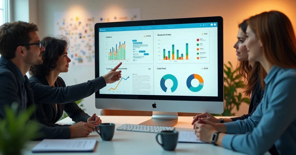 Tela de computador mostrando gráficos de feedback de clientes para validação de MVP SaaS com equipe analisando dados ao redor