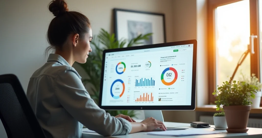 Pessoa analisando feedbacks digitais em computador com gráficos de satisfação e alertas de reputação online