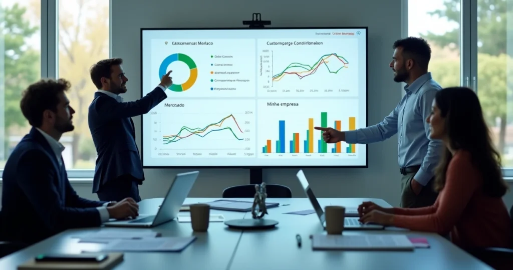 Equipe de marketing analisando painel de CSAT com gráficos comparativos