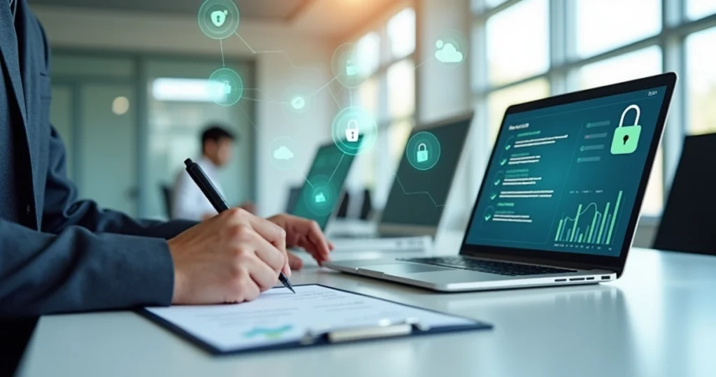 Profissional marcando checklist de segurança de dados em painel de plataforma SaaS