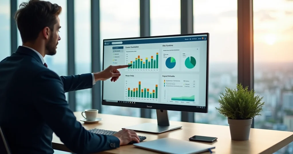 Gestor analisa dashboards de pesquisa em tela grande com gráficos coloridos