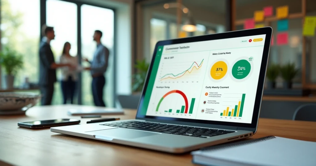 Painel com gráficos de pesquisas semanais de feedback em tela de notebook