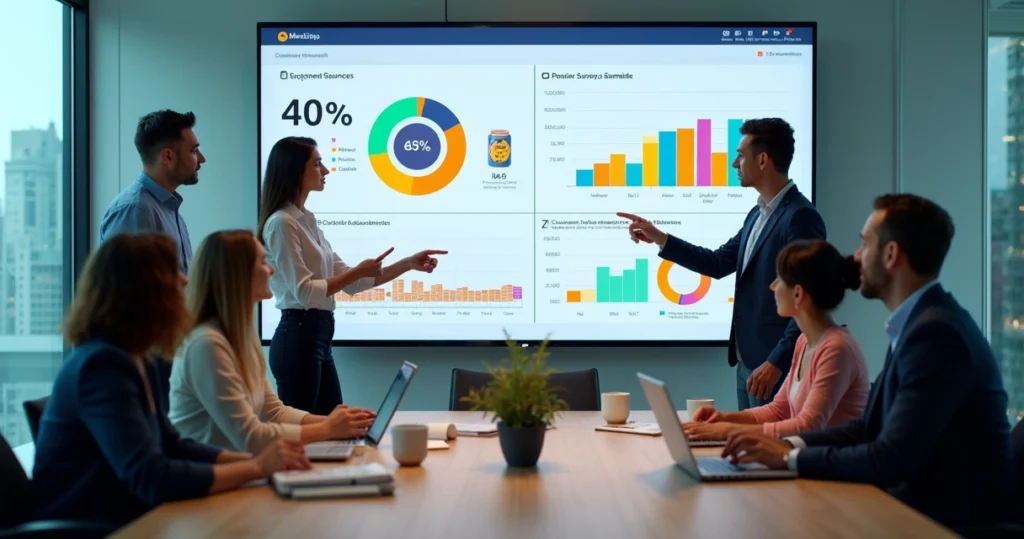 Painel com gráficos de pesquisa de mercado em tempo real sendo analisados por equipe de marketing