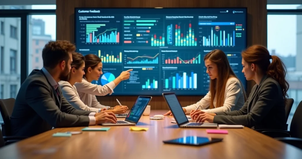 Equipe reunida analisando feedbacks de clientes em um painel digital de pós-venda