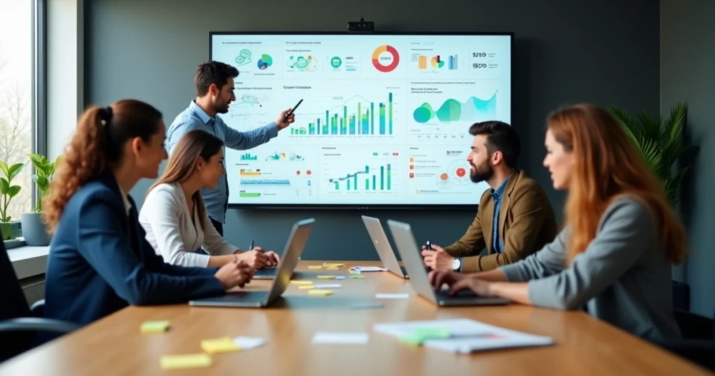 Equipe analisando painel de feedback com gráficos e ícones de inovação