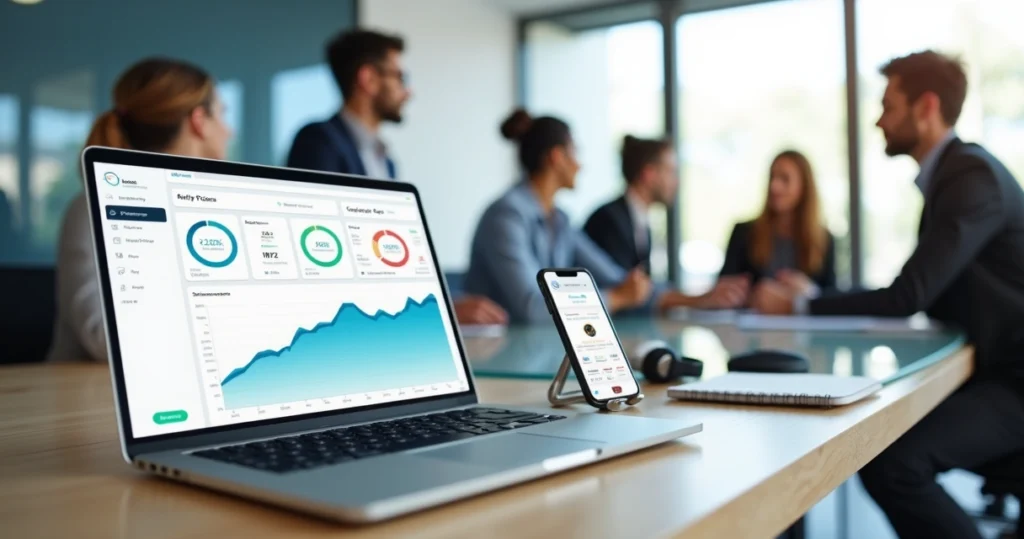 Gestor analisando feedback por voz de clientes em dashboard de software saas