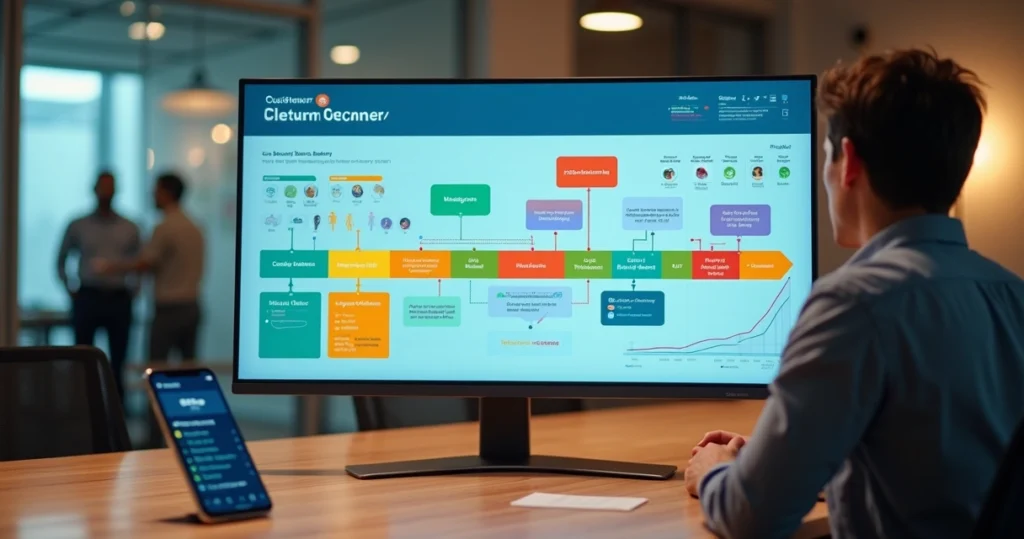 Gestor analisa jornada de decisão do cliente em painel com feedbacks