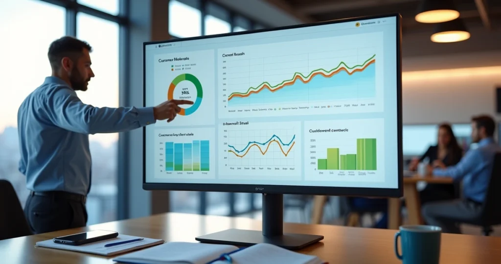 Gestor analisando KPIs de indicação de clientes em painel de métricas