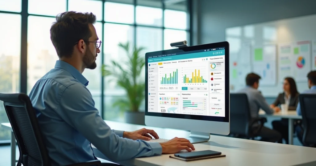 Gestor analisando painel de pesquisa de satisfação em chatbot na tela do computador