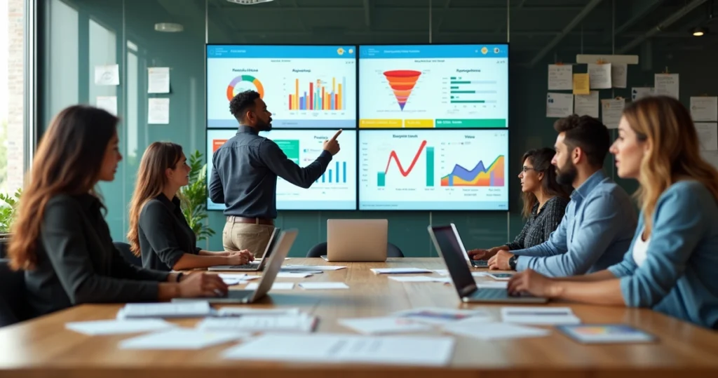 Equipe de produto analisando feedback de clientes em um painel de métricas