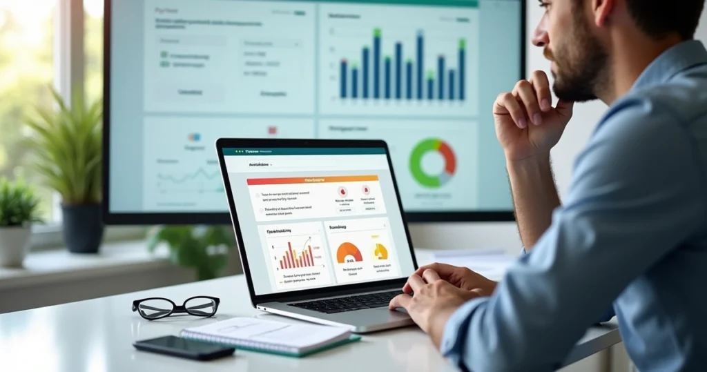 Gestor analisando formulário de feedback online com baixa taxa de resposta na tela do notebook