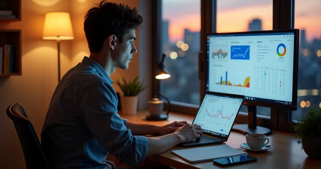 Jovem trabalhando em side hustle no laptop à noite em casa