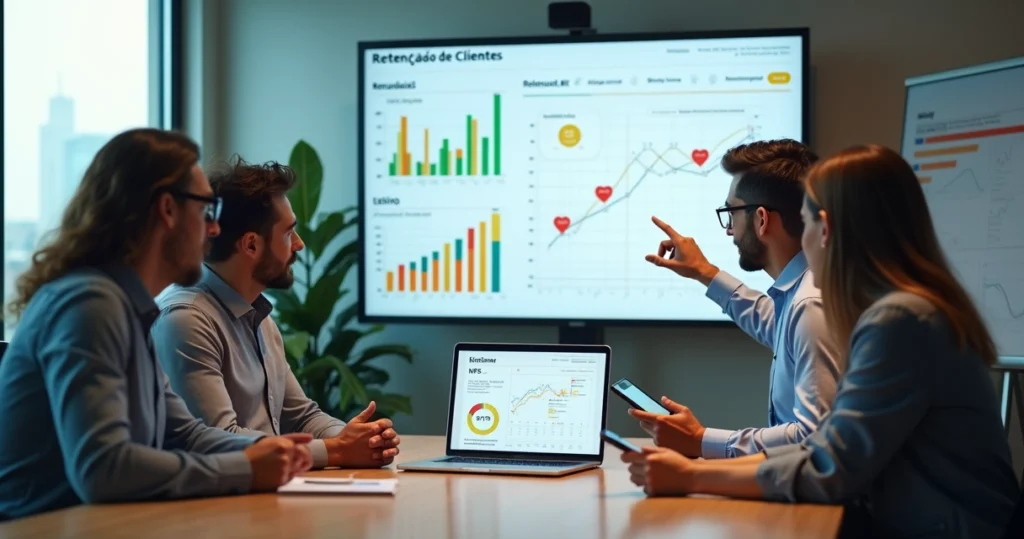 Equipe de marketing analisando métricas de retenção de clientes em painel com gráficos