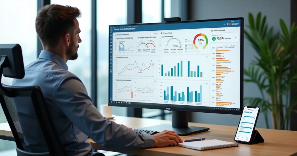 Gestor analisando painel de satisfação do autoatendimento com gráficos e feedbacks em tela grande