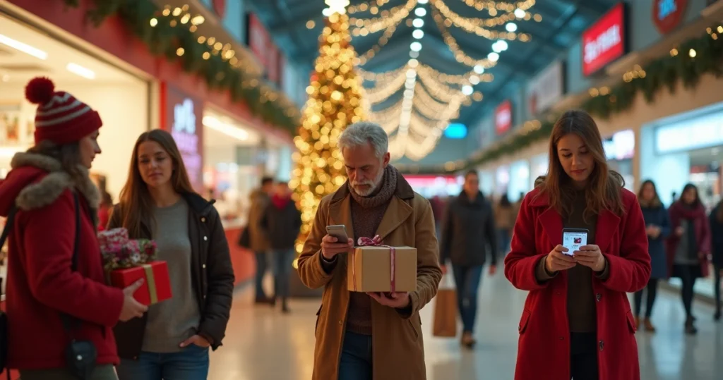 Consumidores jovens e adultos fazendo compras de Natal em loja e no celular ao mesmo tempo