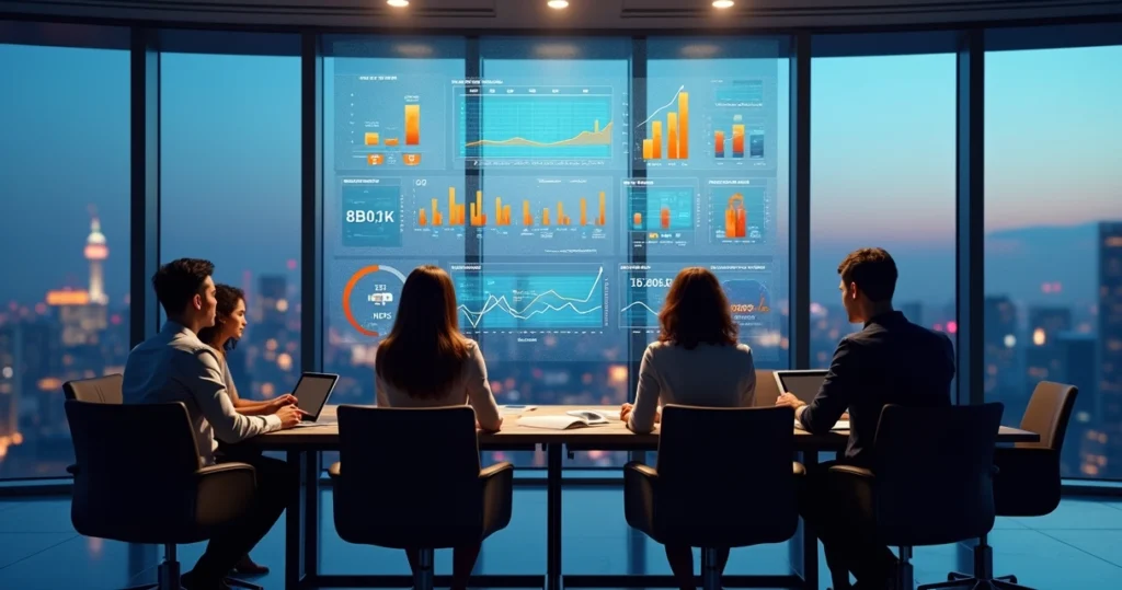 Executivos analisando painel digital com gráficos e tendências de pesquisa para 2026