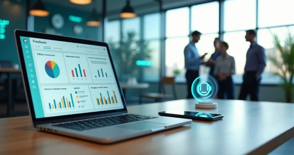 Gestor analisa no laptop resultados de pesquisa de satisfação com chatbot