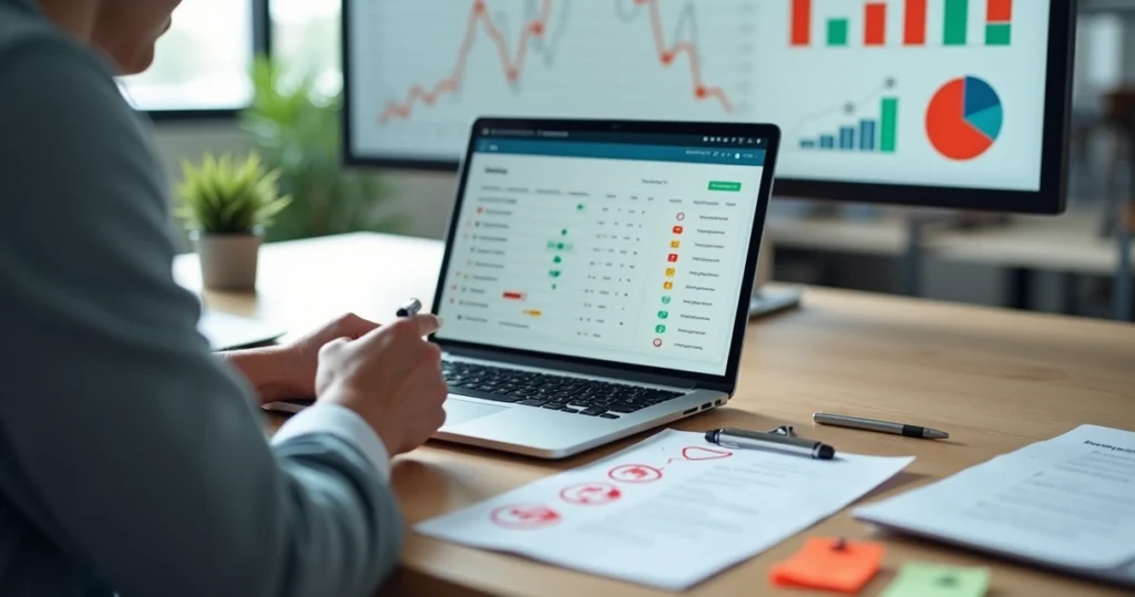 Gestor analisando checklist de melhorias em produto digital com feedbacks negativos destacados