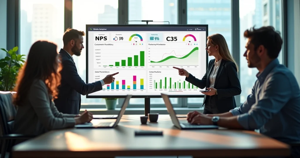 Painel com gráficos de feedback de clientes e finanças integrados para prever upsell