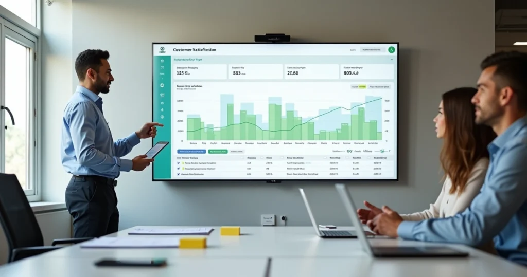 Gestor analisando painel de pesquisa de satisfação com gráfico estabilizado na tela