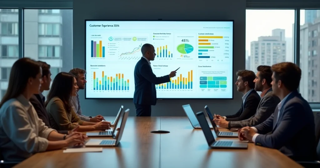 Equipe de negócios analisando painel de satisfação do cliente em tela gigante