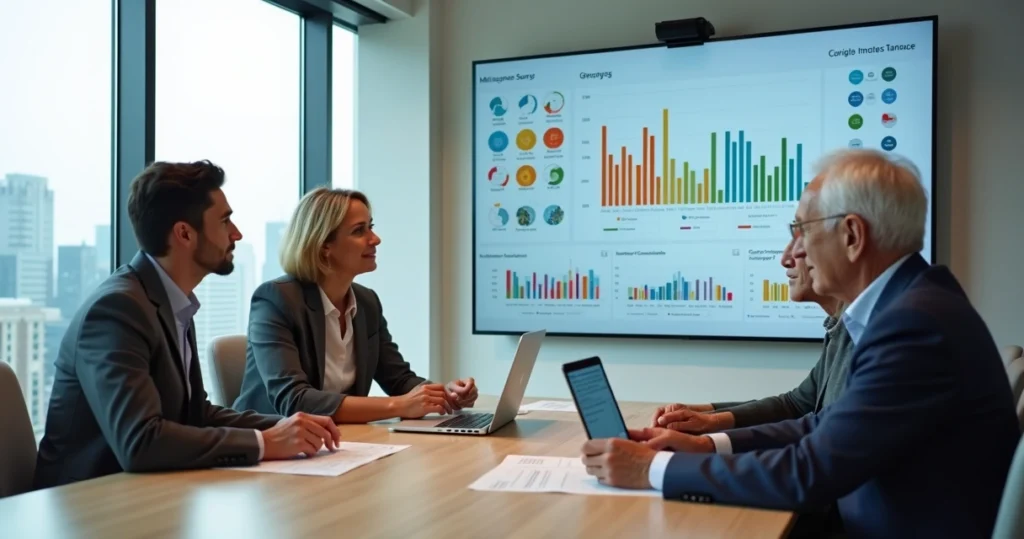 Equipe multigeracional analisando pesquisa de satisfação em painel digital
