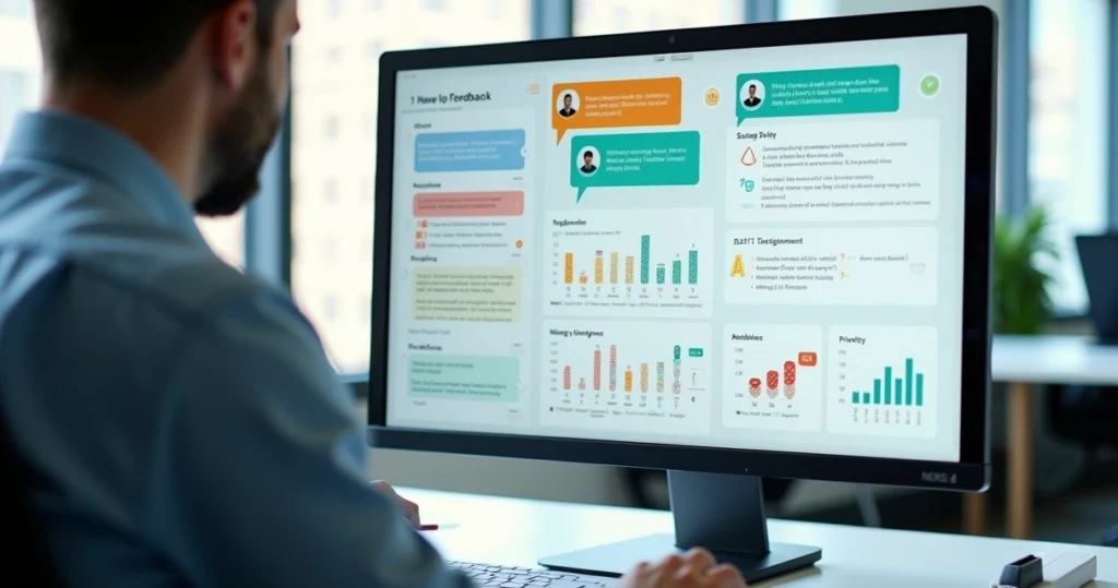 Profissional analisando painel de feedback digital com respostas anônimas