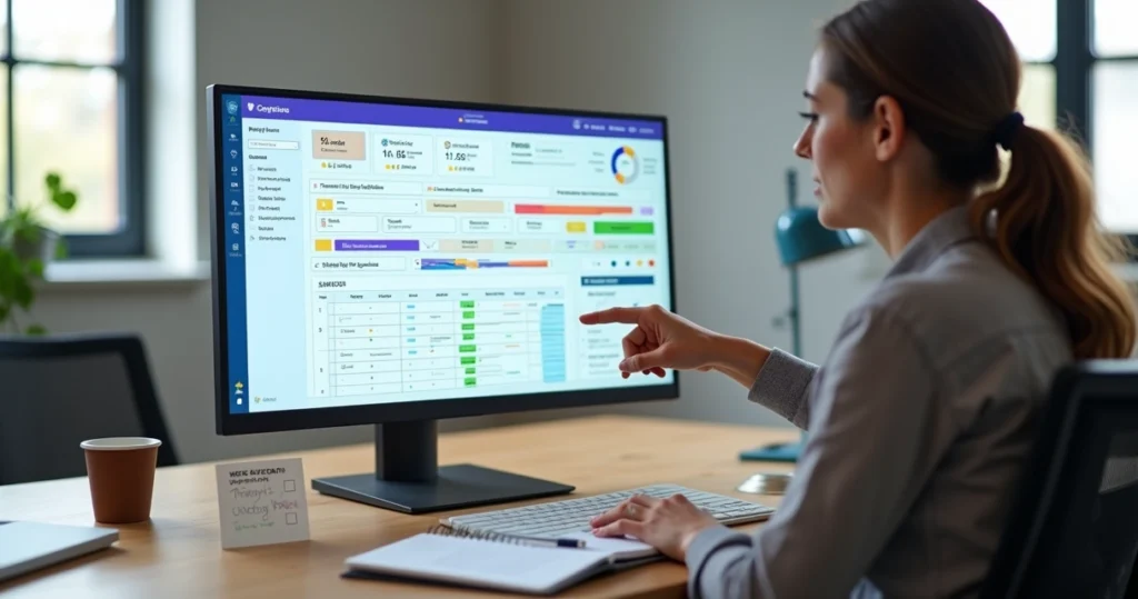 Gestor analisando painel de feedback com funcionalidades gamificadas em tela grande