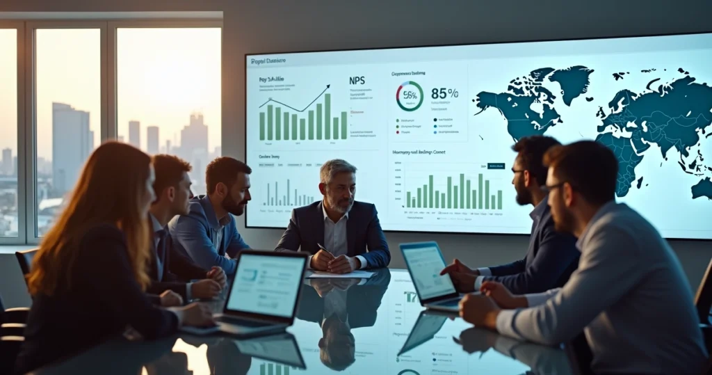 Equipe global em reunião online analisando feedbacks de onboarding em painel de métricas