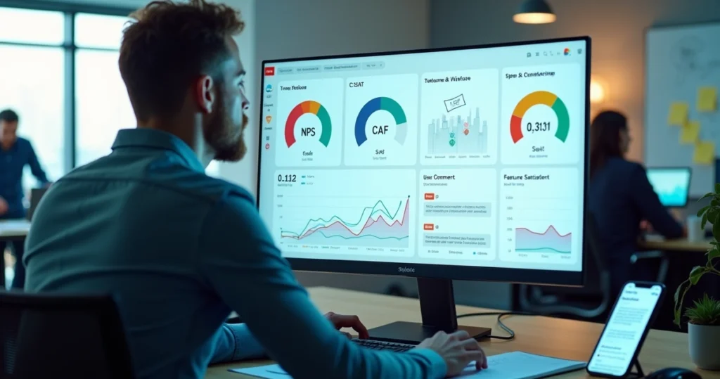 Gestor analisando painel de feedback pós-atualização em software SaaS