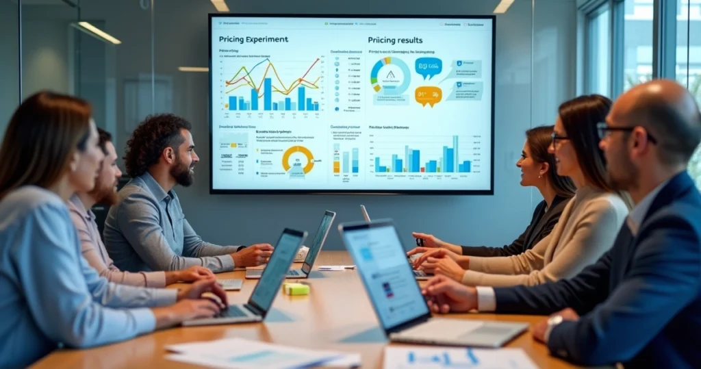 Equipe B2B analisando gráficos de preços e feedback de clientes em reunião moderna