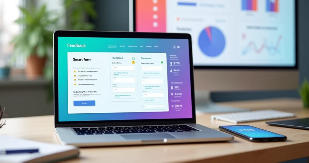 Tela de formulário online personalizado em laptop com gráficos de respostas ao lado