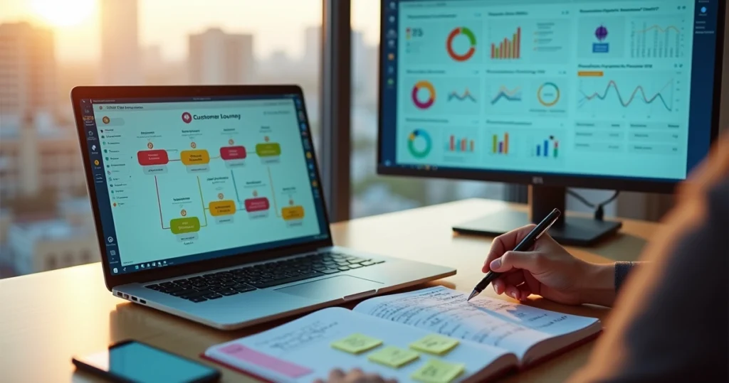 Gestor analisa jornada do cliente em painel com feedbacks automáticos