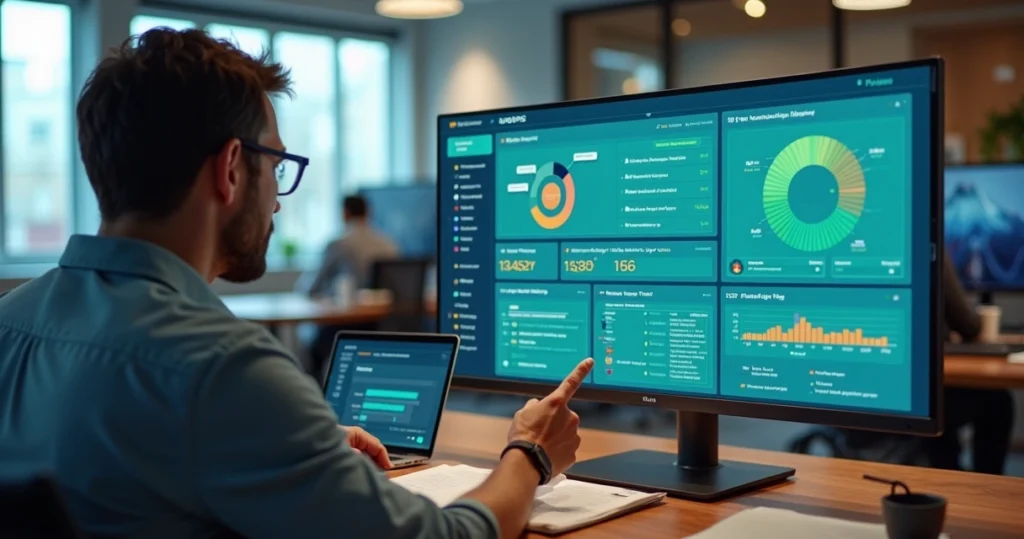 Gestor de produto analisando painel de pesquisa contextual em software SaaS