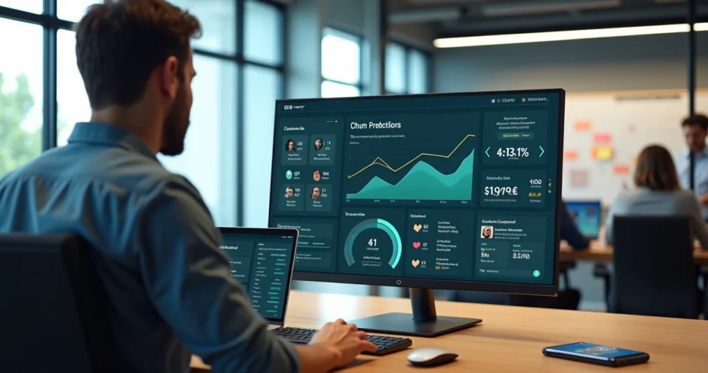 Gestor analisa painel com indicadores de churn e satisfação de clientes