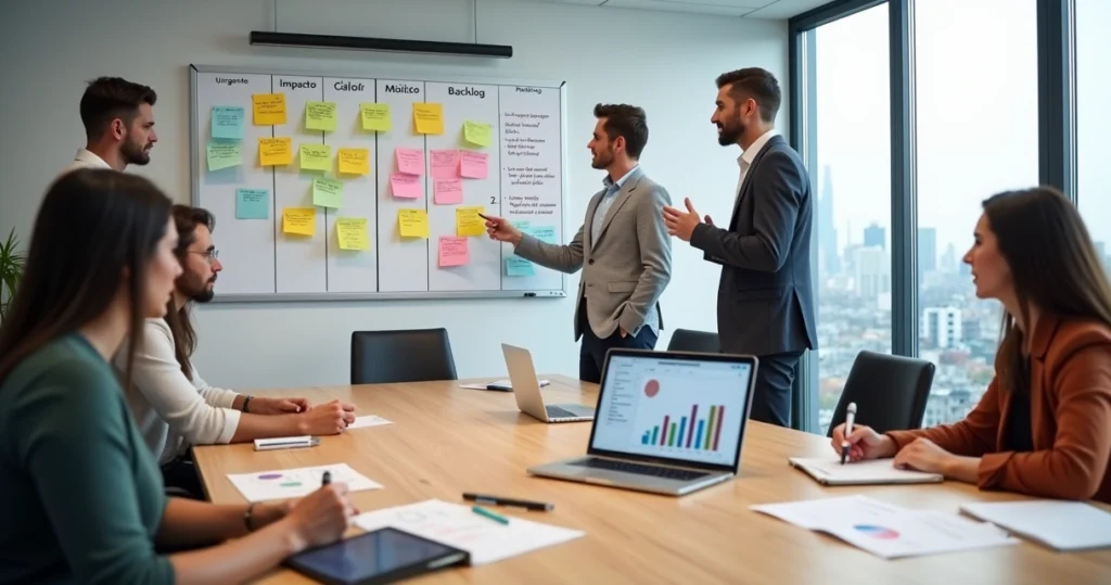 Equipe analisando quadro de prioridades com demandas de clientes