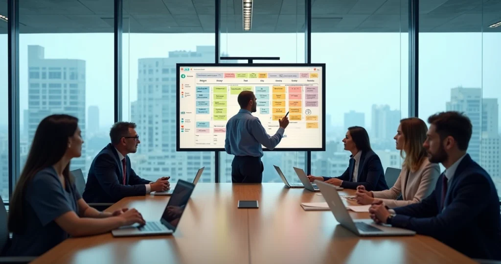 Equipe de produto SaaS alinhando feedbacks de stakeholders em reunião estratégica